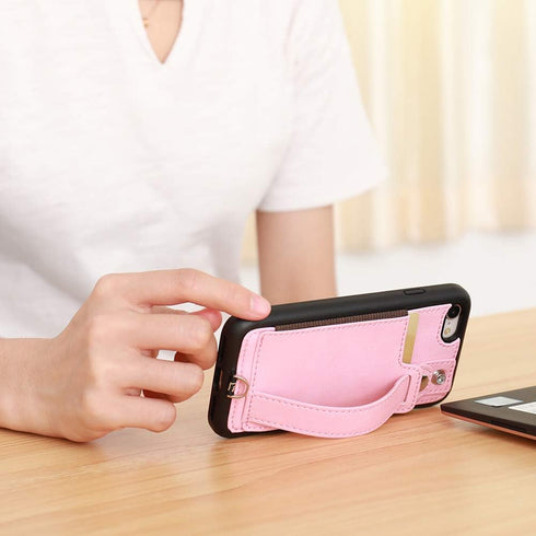 TOOVREN iPhone SE/7/8 Case, Pink Leather Wallet with Card Holder, Kickstand, Neck Strap, Adjustable Hand Strap, Wireless Charging Compatible...